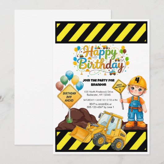 Construction Birthday Theme Party Invitation 招待状 (正面/裏面)