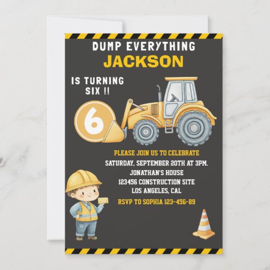 Construction Birthday Turning Six Boy 招待状 (正面)