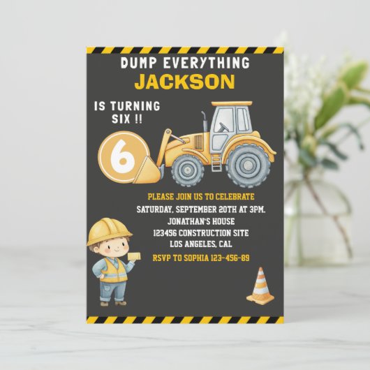 Construction Birthday Turning Six Boy 招待状 (スタンド正面)