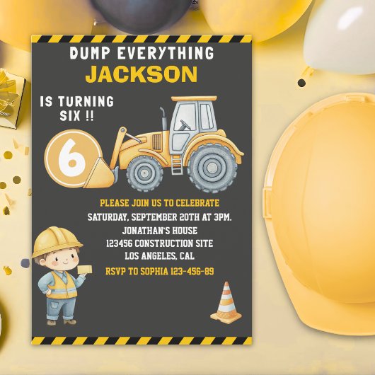 Construction Birthday Turning Six Boy 招待状