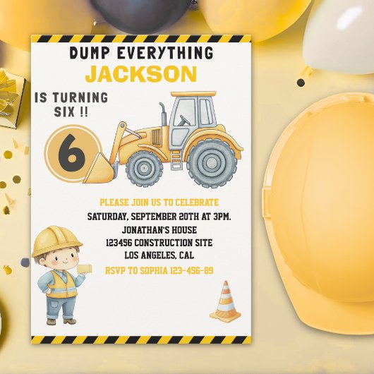 Construction Birthday Turning Six Boy Yellow 招待状