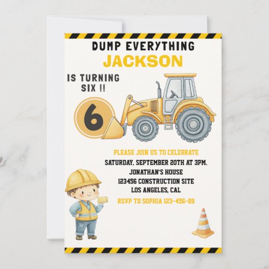 Construction Birthday Turning Six Boy Yellow 招待状 (正面)