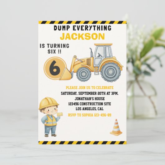 Construction Birthday Turning Six Boy Yellow 招待状 (スタンド正面)