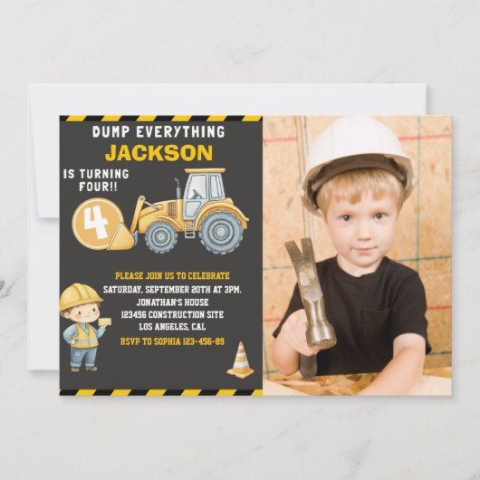 Construction Birthday  with Photo | Dump Truck  招待状 (正面)