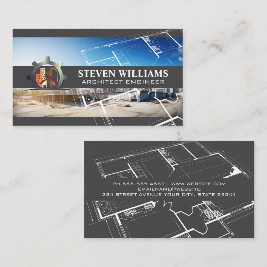 Construction Build Site | Architect Blueprints 名刺 (正面/裏面)