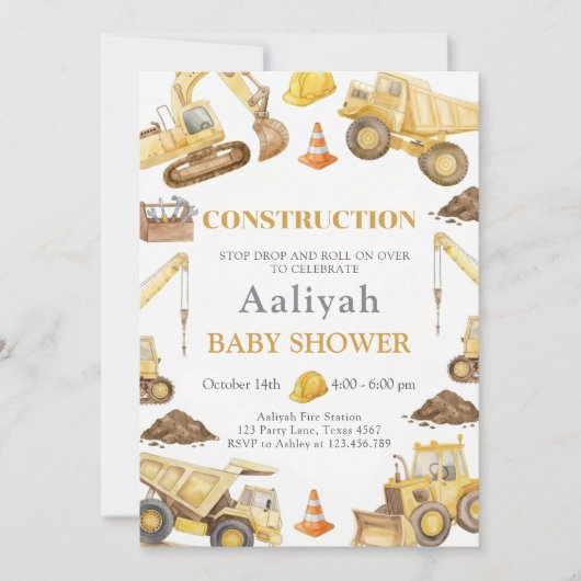 construction bulldozer celebration baby boy shower 招待状 (正面)
