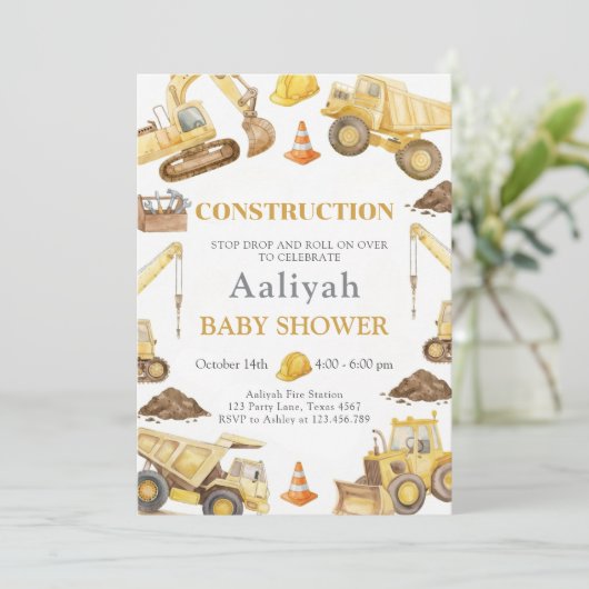 construction bulldozer celebration baby boy shower 招待状 (スタンド正面)