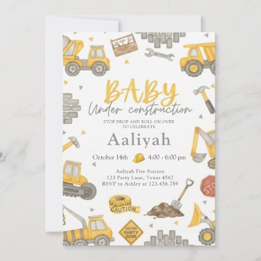 construction bulldozer celebration baby boy shower 招待状 (正面)