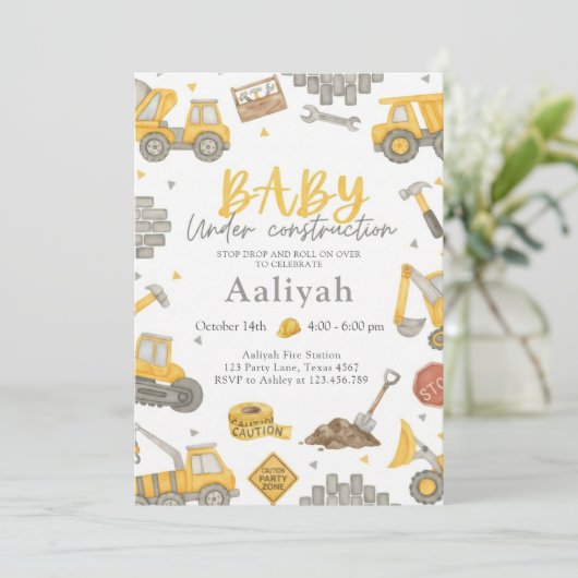 construction bulldozer celebration baby boy shower 招待状 (スタンド正面)