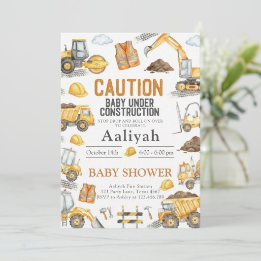 construction bulldozer celebration baby boy shower 招待状 (スタンド正面)