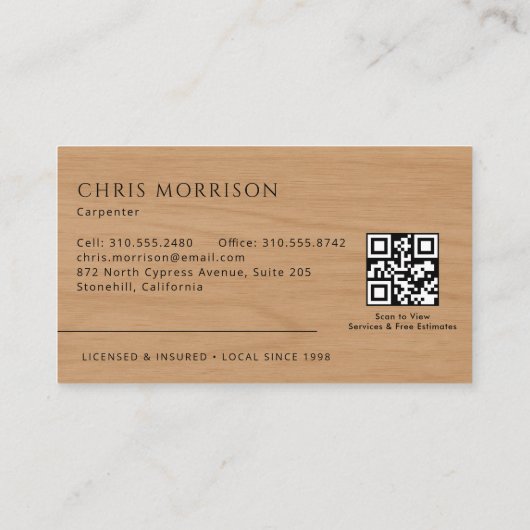 Construction Carpenter Carpentry Wood QR Code 名刺 (裏面)