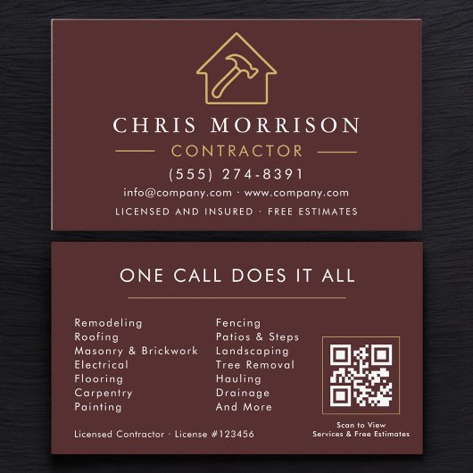 Construction Company Burgundy Gold QR Code 名刺