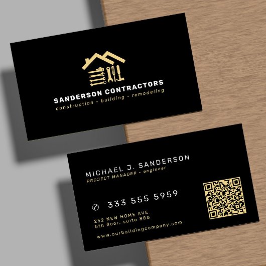 Construction company modern gold black QR code 名刺