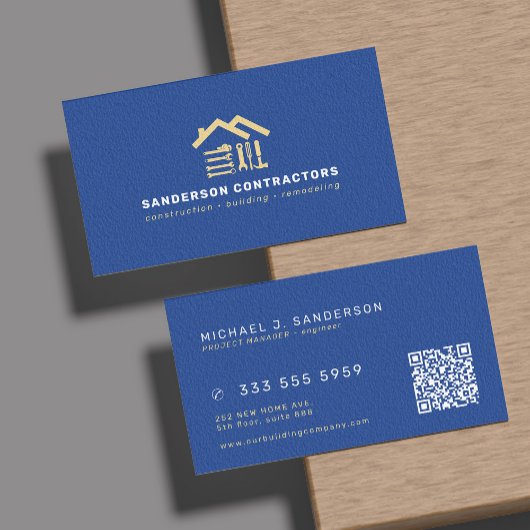 Construction company modern royal blue gold QR  名刺