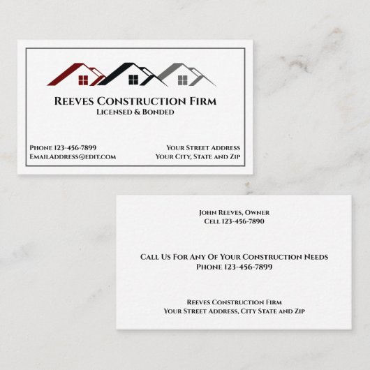 Construction Contractor Roofer Business Cards 名刺 (正面/裏面)