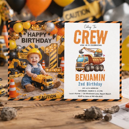 Construction Crew Dump Truck Boy 2nd Birthday 招待状