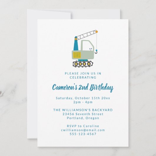 Construction Digger Trucks Blue 2nd Birthday Party 招待状 (正面)