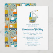 Construction Digger Trucks Blue 2nd Birthday Party 招待状 (正面/裏面)
