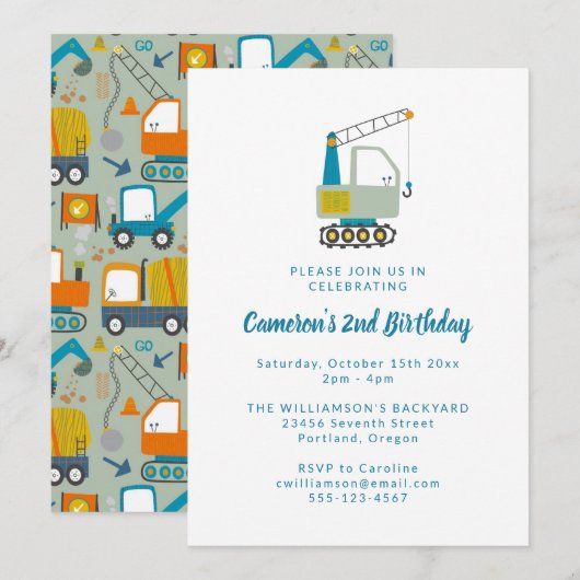 Construction Digger Trucks Blue 2nd Birthday Party 招待状 (正面/裏面)