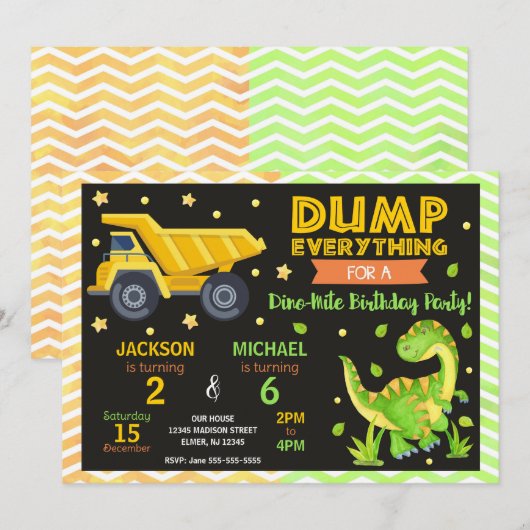 Construction & Dinosaur Joint Birthday Invitation 招待状 (正面/裏面)