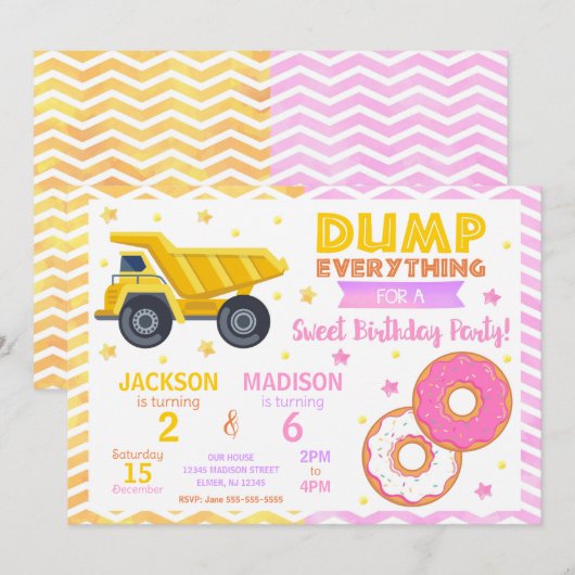 Construction & Donuts Joint Birthday Invitation 招待状 (正面/裏面)