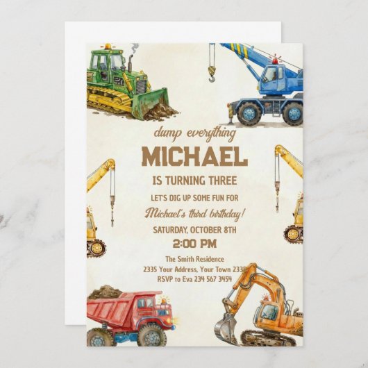 Construction Dump Everything Truck 3rd birthday 招待状 (正面/裏面)