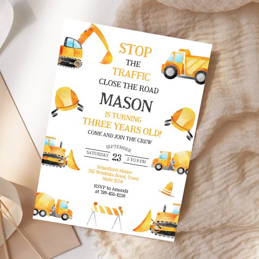Construction Dump Truck Excavator Boy Birthday 招待状