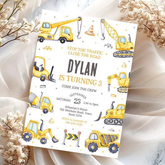 Construction Dump Truck Excavator Boy Birthday  招待状