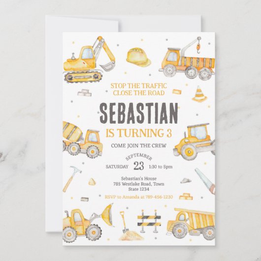 Construction Dump Truck Excavator Boy Birthday 招待状 (正面)