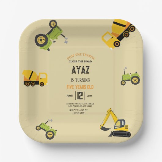 Construction Dump Truck Party Boy Birthday  ペーパープレート (正面)
