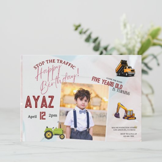 Construction Dump Truck Party Boy Birthday  招待状 (スタンド正面)