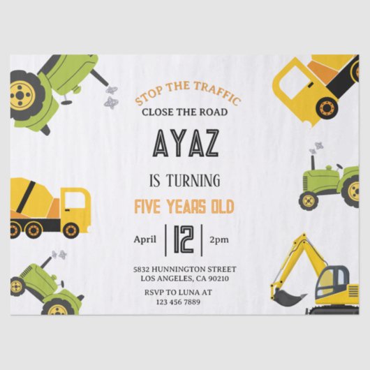 Construction Dump Truck Party Boy Birthday  薄葉紙 (正面)