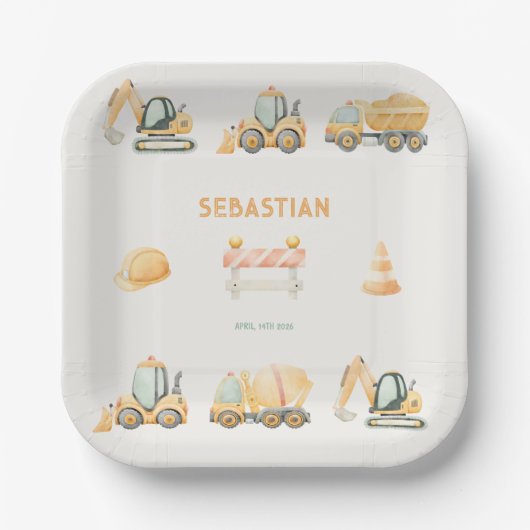 Construction Dump Truck Party Boy First Birthday ペーパープレート (正面)