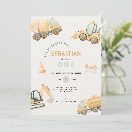 Construction Dump Truck Party Boy First Birthday 招待状 (スタンド正面)