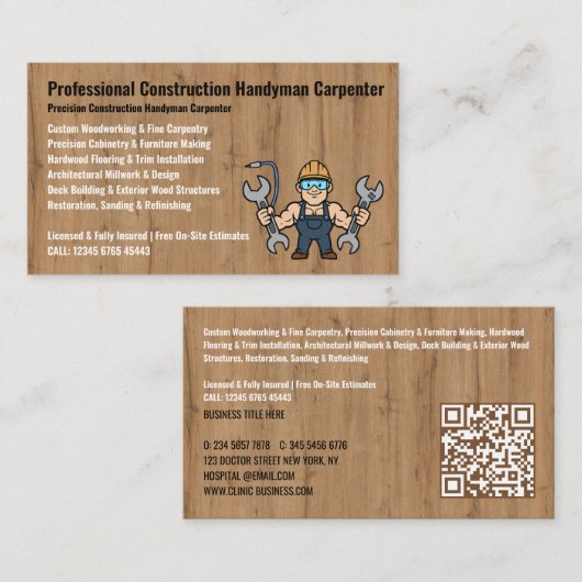 Construction Handyman Carpenter cartoon 名刺 (正面/裏面)