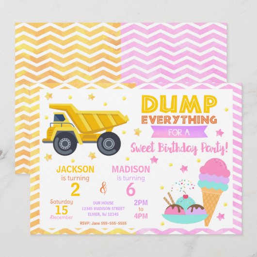 Construction & Ice Cream Joint Birthday Invitation 招待状 (正面/裏面)