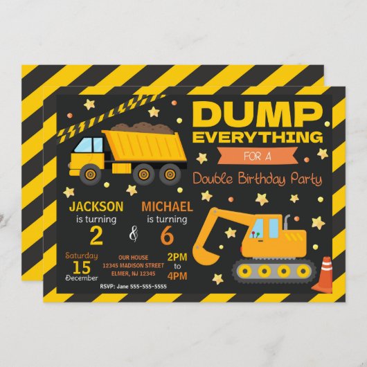 Construction Joint Birthday Invitation Siblings 招待状 (正面/裏面)