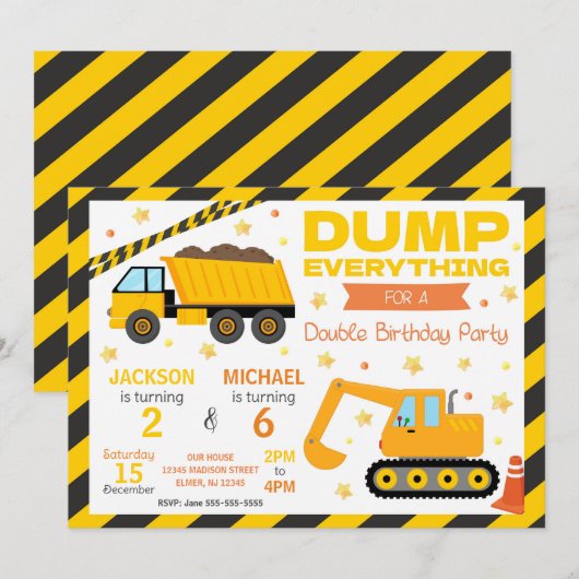 Construction Joint Birthday Invitation Siblings 招待状 (正面/裏面)