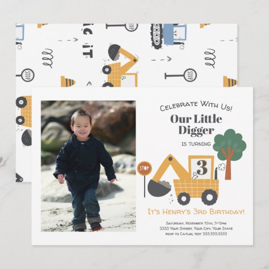 Construction Our Little Digger 3nd Birthday Party 招待状 (正面/裏面)