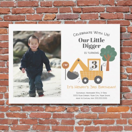 Construction Our Little Digger 3nd Birthday Party 招待状