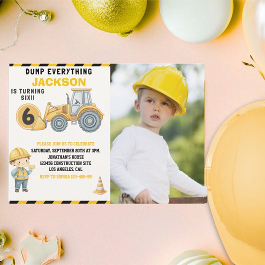 Construction Photo Birthday Turning 6 yellow 招待状