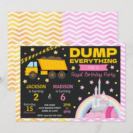 Construction & Princess Joint Birthday Invitation 招待状 (正面/裏面)