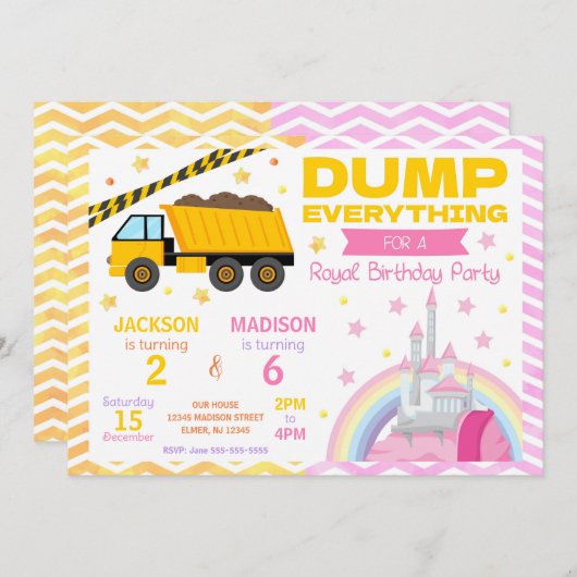 Construction & Princess Joint Birthday Invitation 招待状 (正面/裏面)