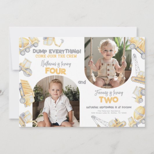 Construction Sibling Twin Dual Birthday Party 招待状 (正面)