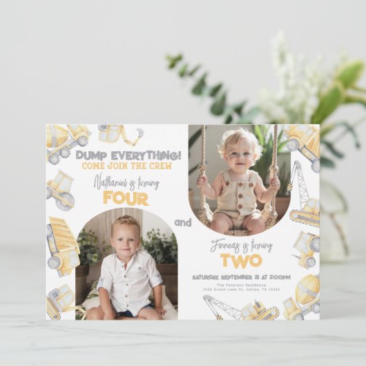 Construction Sibling Twin Dual Birthday Party 招待状 (スタンド正面)