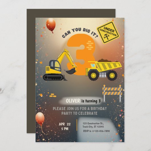 Construction Site Birthday Party 招待状 (正面/裏面)