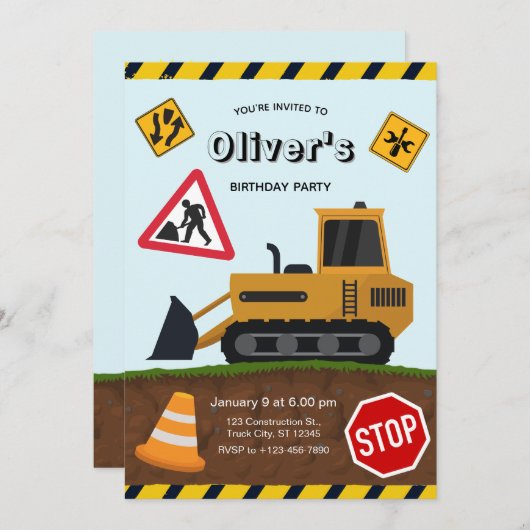 Construction Site Birthday Party 招待状 (正面/裏面)