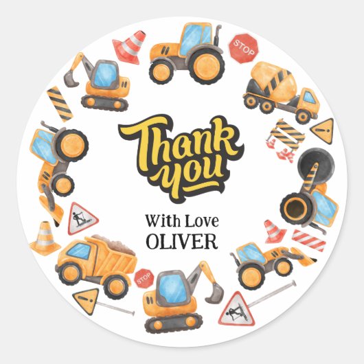 Construction Theme Thank You Birthday  ラウンドシール (正面)
