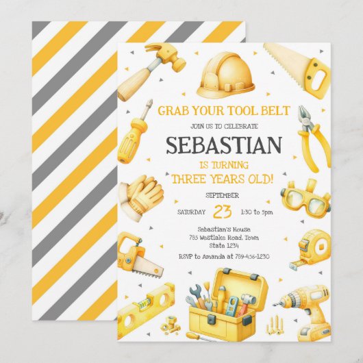 Construction Tools Birthday Invitation 招待状 (正面/裏面)