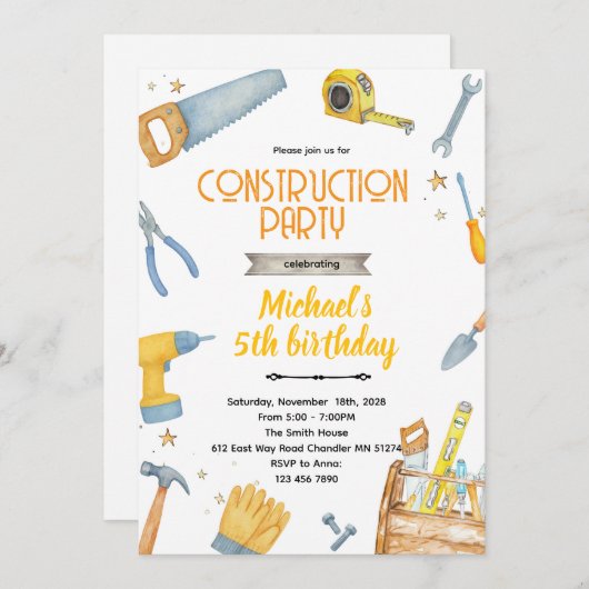 Construction Tools theme invitation 招待状 (正面/裏面)